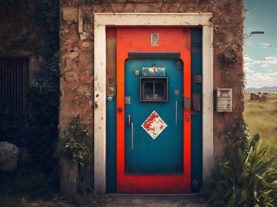 Vibrant Vintage Red and Blue Weathered Door with Accents