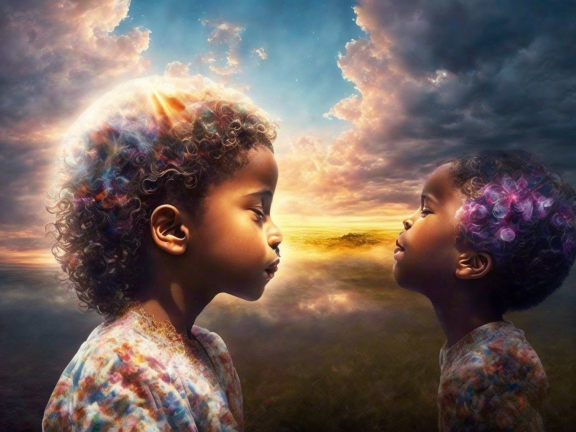 Children with Curly Hair in Surreal Sunrise Scene
