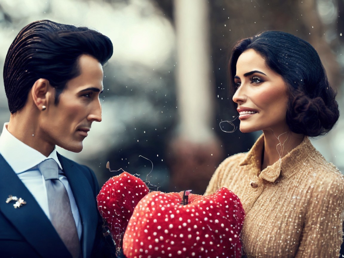 Stylish Couple in Romantic Setting with Strawberry