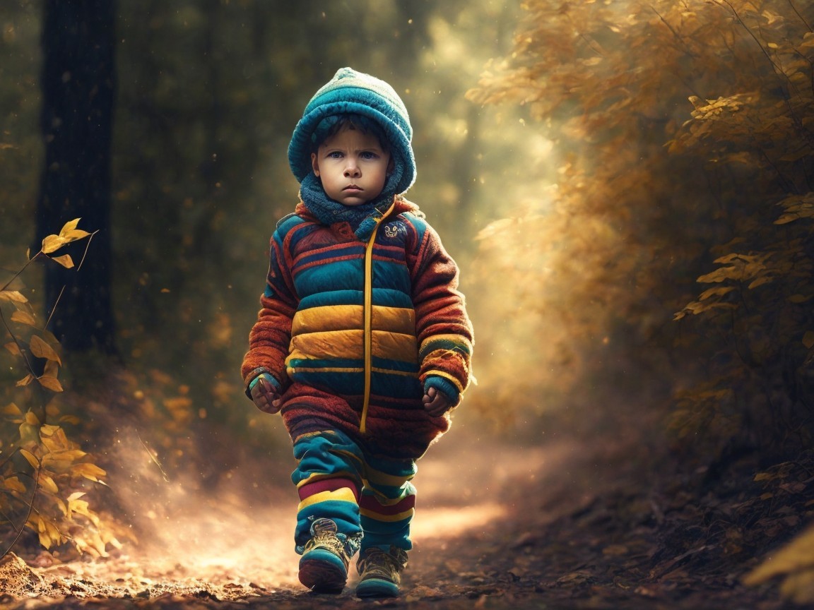 Child in Striped Jacket Walking Through Autumn Forest