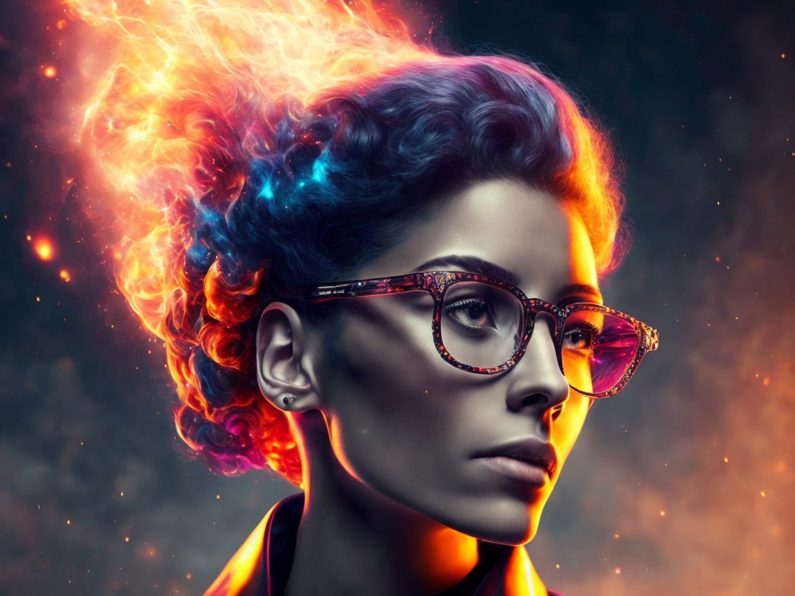 Portrait of a woman with fiery multicolored curls