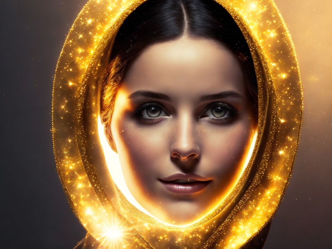 Portrait of a woman with golden sparkles and soft lighting