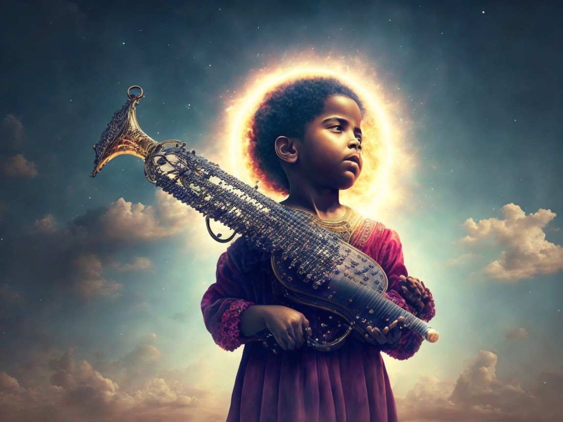 Child with Musical Instrument Against Dramatic Sky