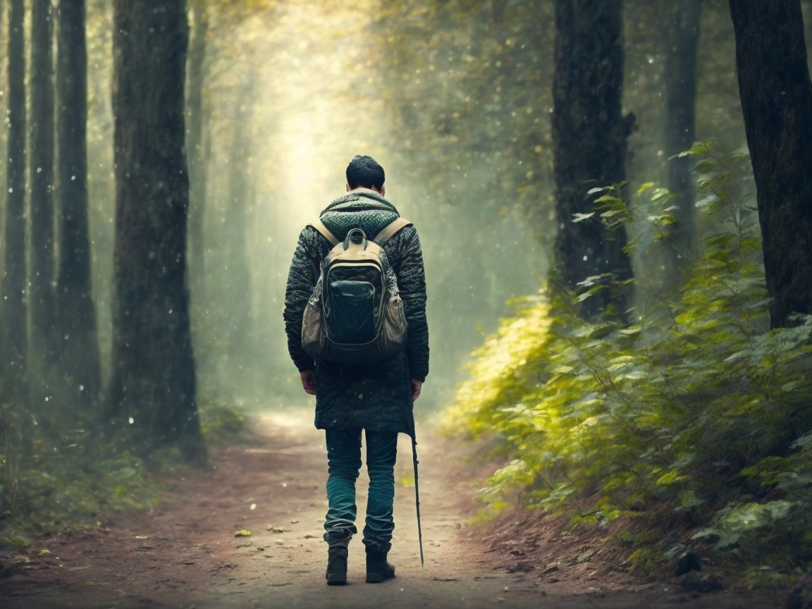 Solitary Figure Walking on a Winding Forest Path
