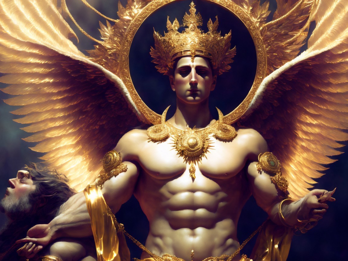Majestic Figure with Wings and Protective Embrace