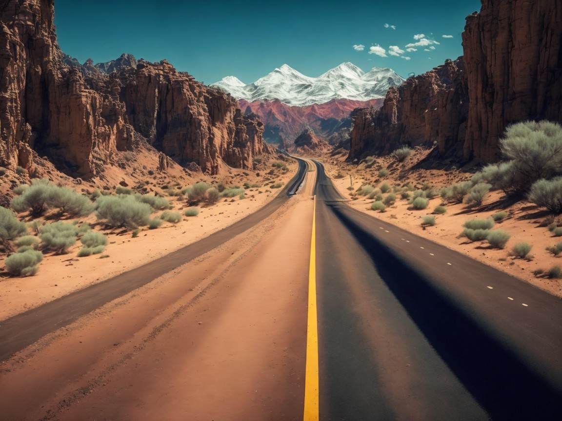 Desert Landscape with Winding Road and Mountains