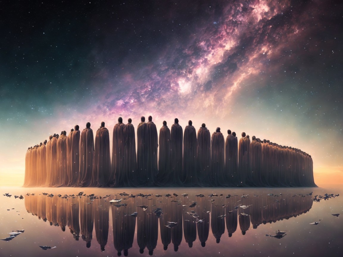 Cloaked Figures Silhouetted Against Cosmic Landscape