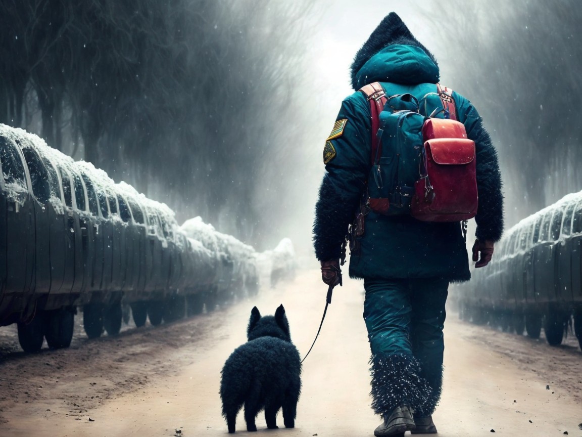 Winter Landscape with Figure and Dog on Snowy Road