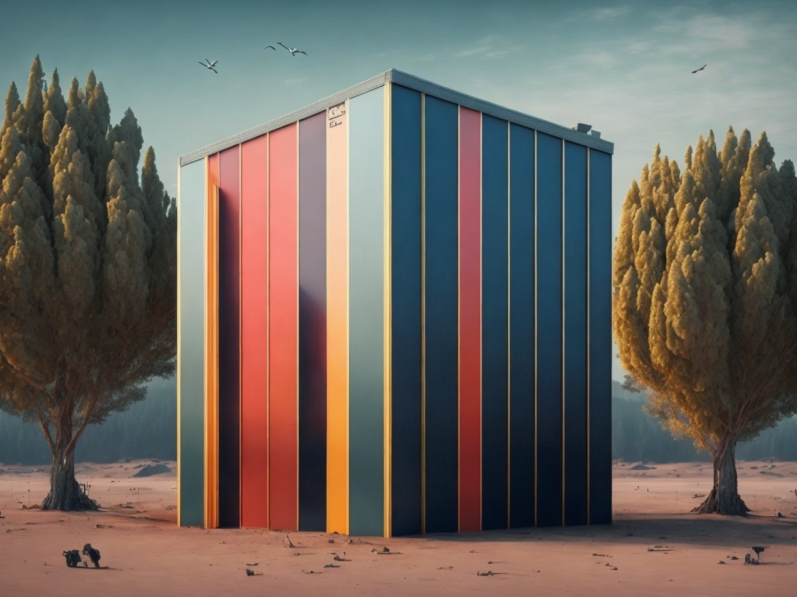 Surreal Landscape with Colorful Vertical Striped Object