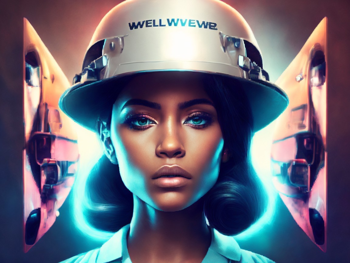 Portrait of a Woman in Metallic Hard Hat with Orange Background