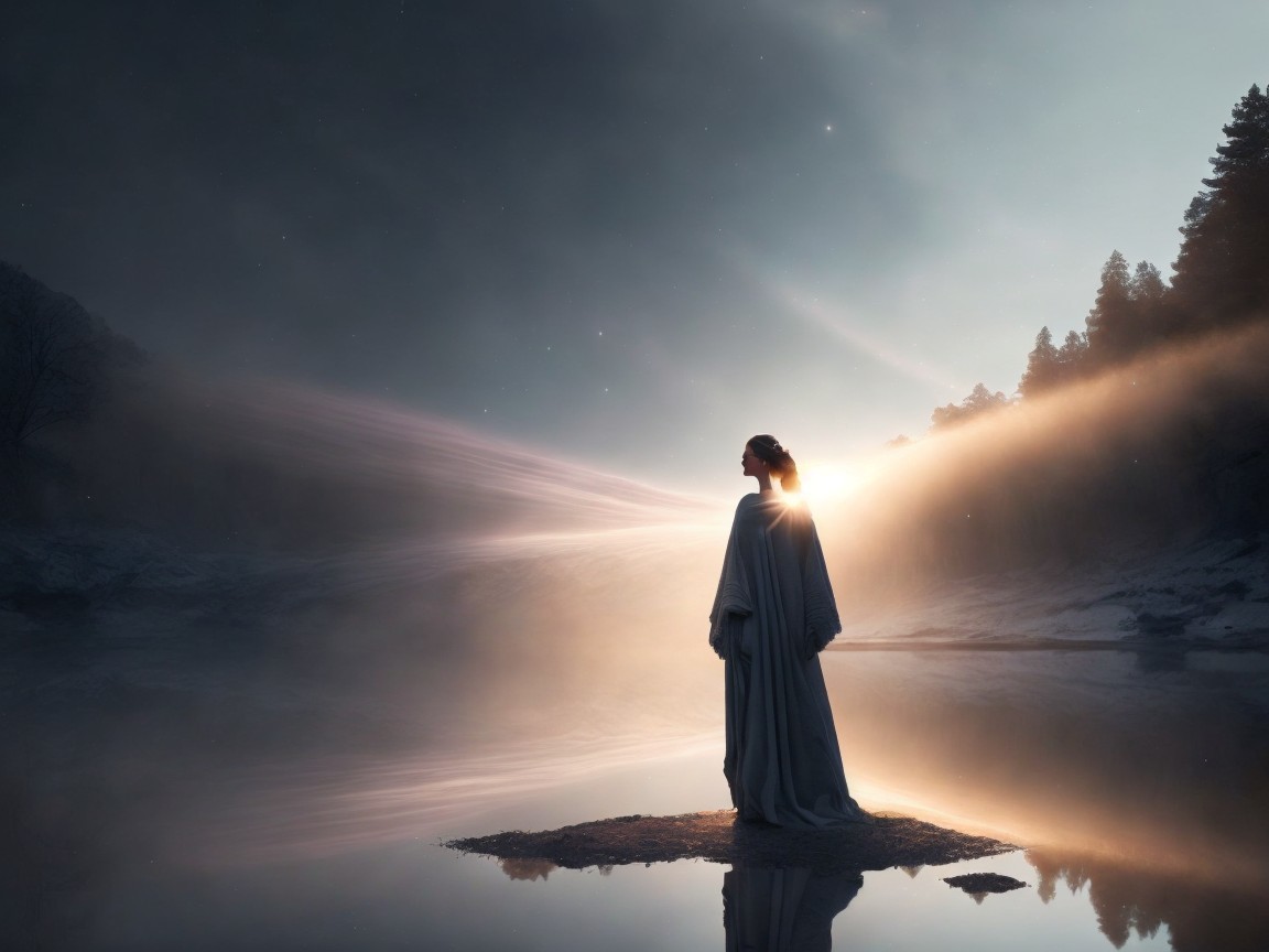 Serene figure on misty lake island in ethereal light