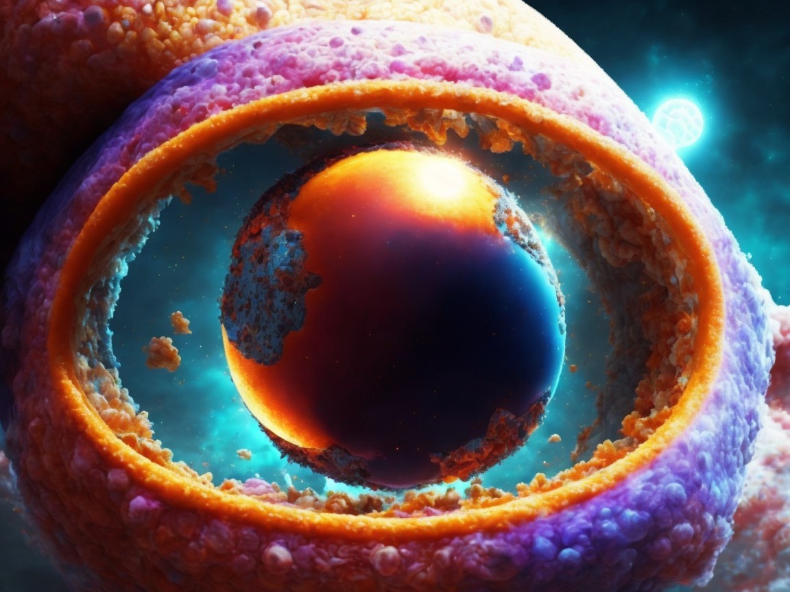 Cosmic Scene with Colorful Cell Structure and Planet