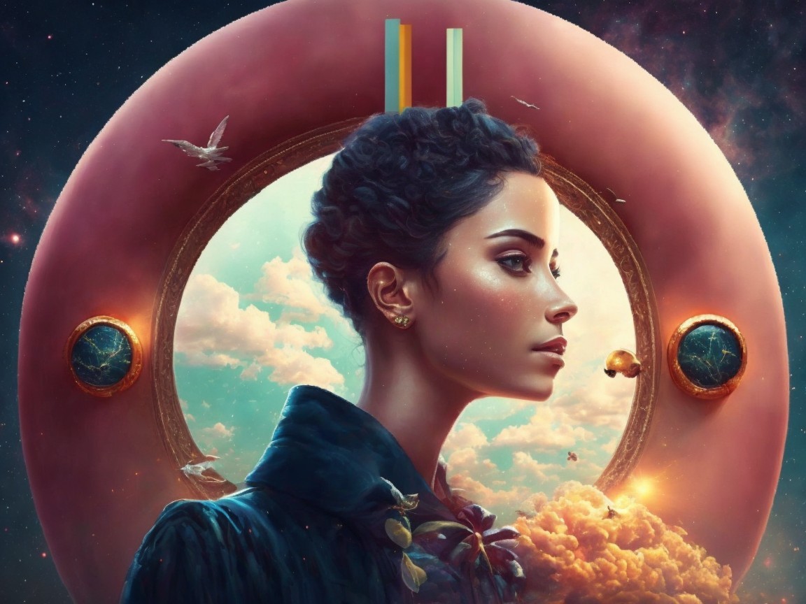 Contemplative Woman Against Cosmic Backdrop with Frame