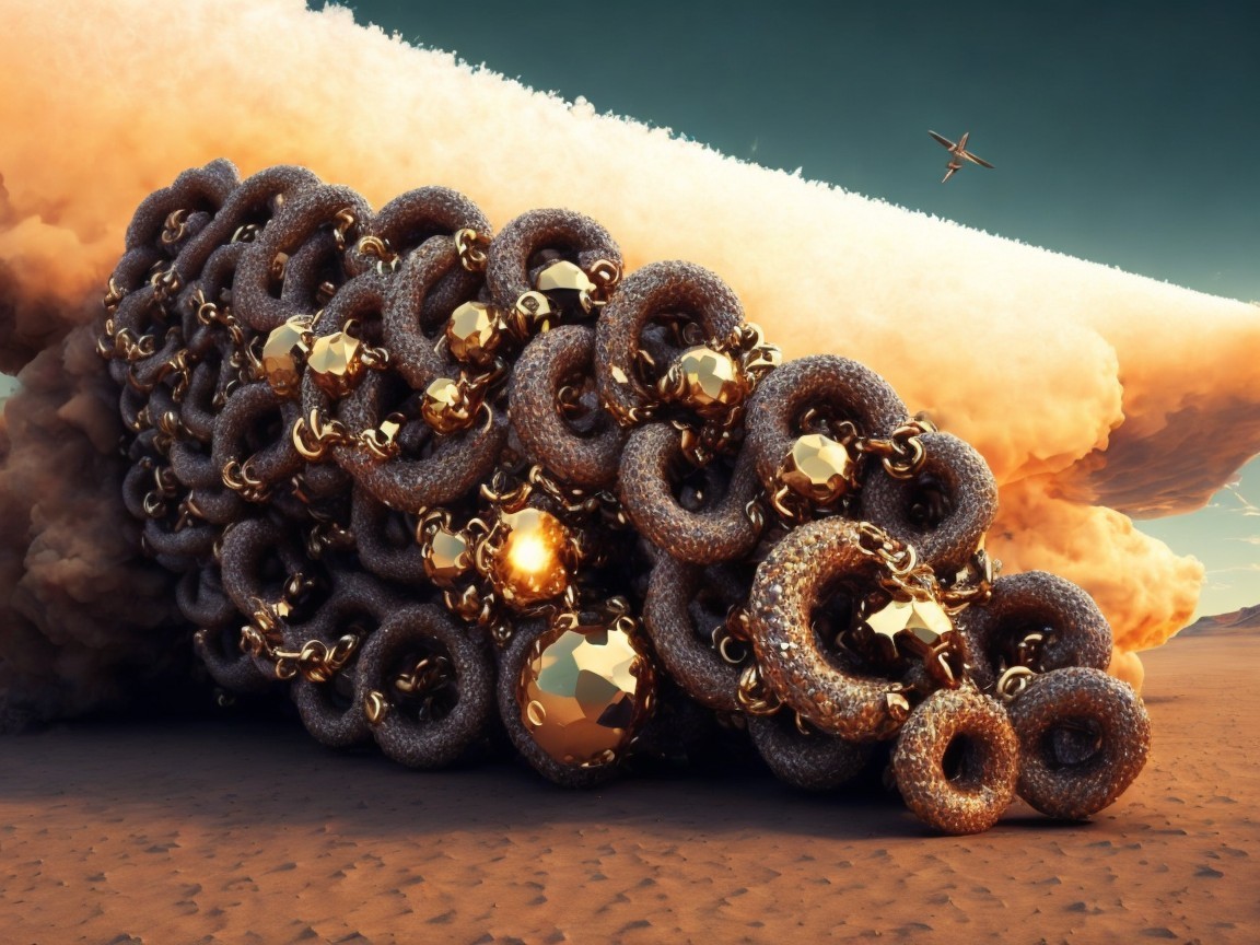 Surreal Landscape with Golden Rings and Dramatic Sky
