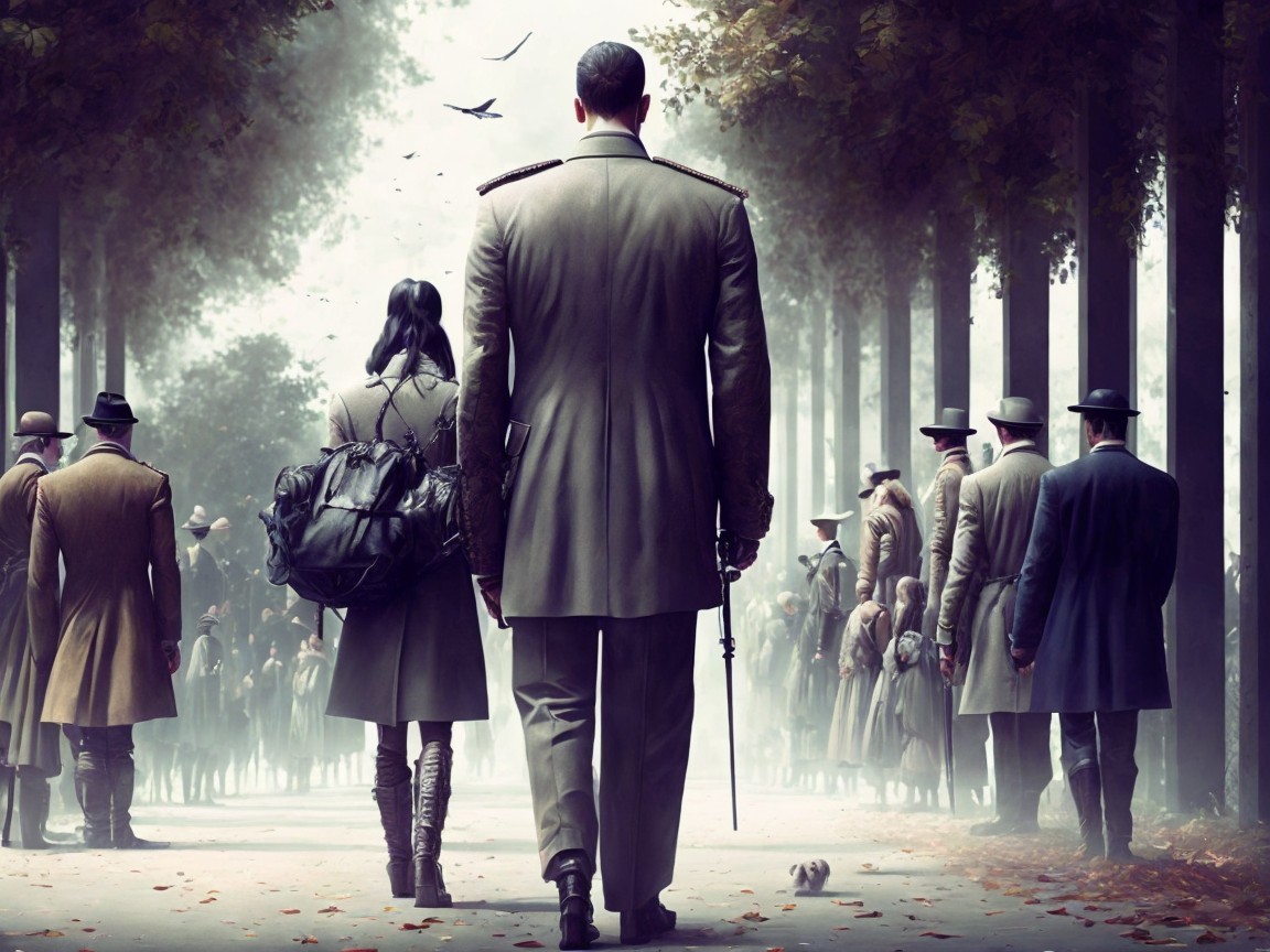 Misty Procession of Figures on Tree-Lined Path