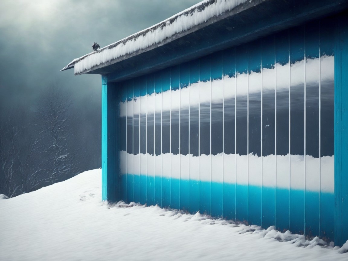 Rustic garage with blue stripes in snowy landscape