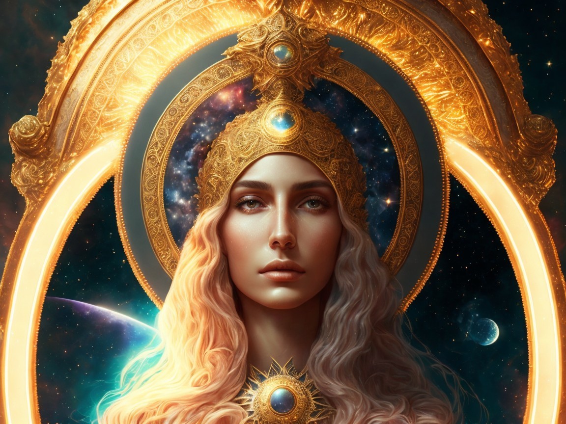 Majestic Woman with Golden Crown in Cosmic Setting
