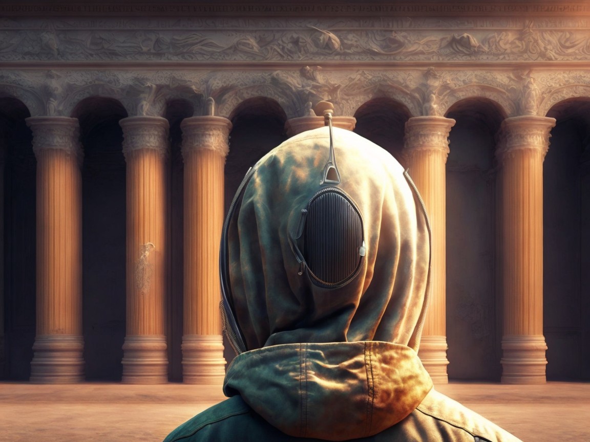 Mysterious Figure in Ancient Hall with Modern Gear