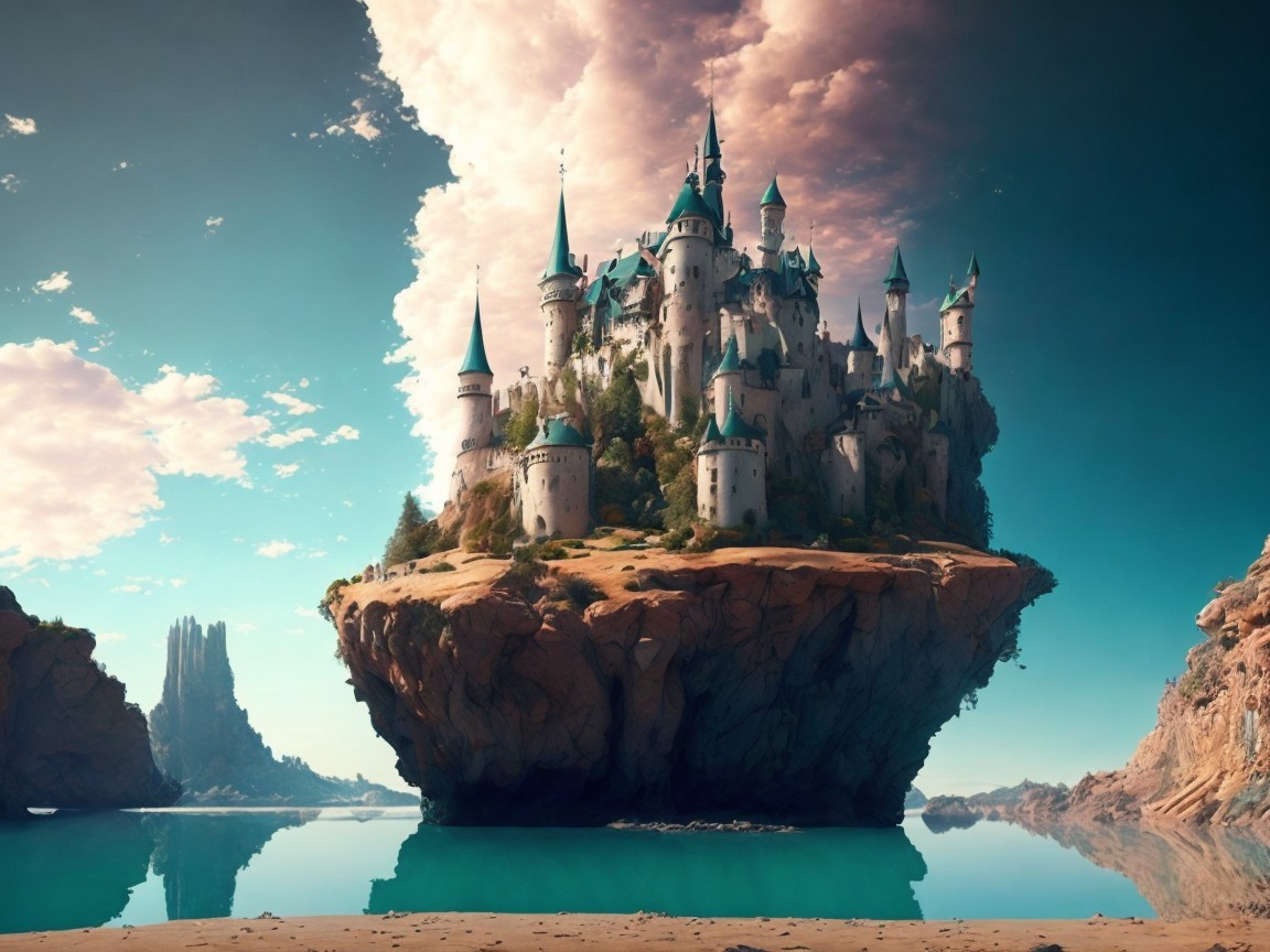 Majestic Castle on a Floating Island with Turrets