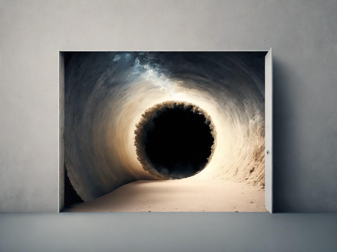 Open Door in Minimalist Room Revealing Spiraling Tunnel