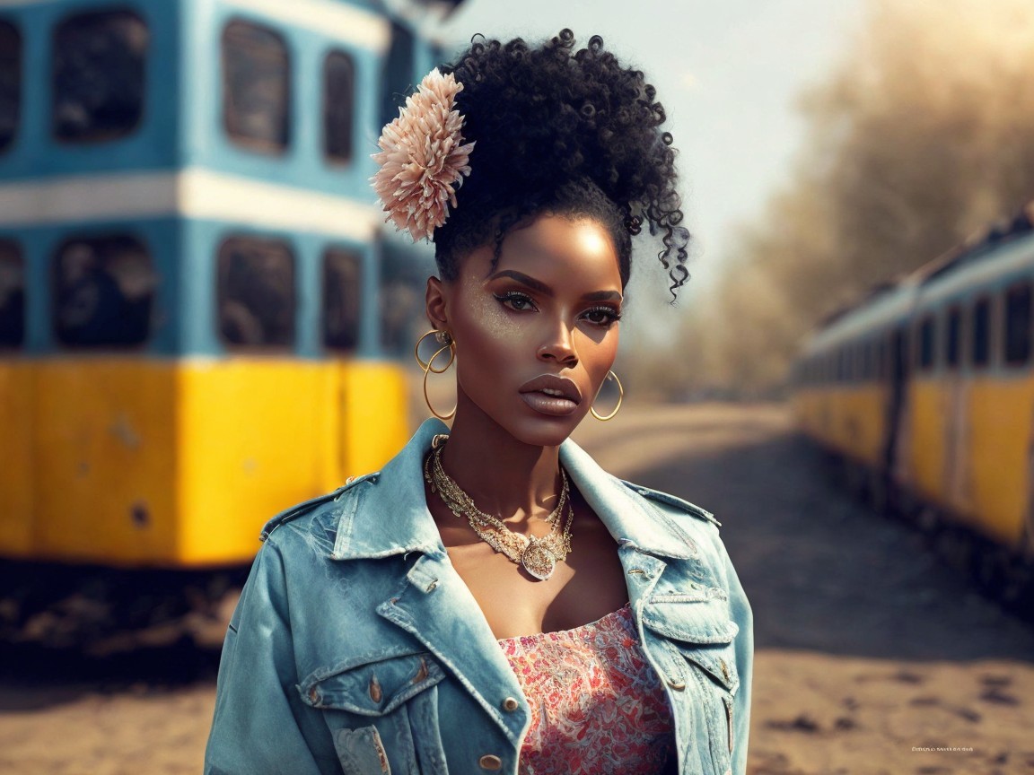 Portrait of a Woman with Curly Hair and Vintage Trains