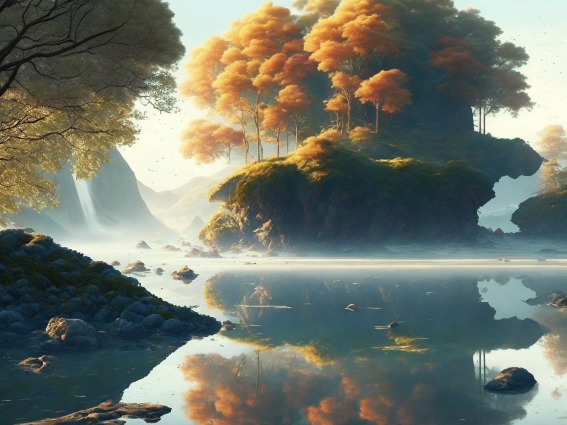 Tranquil Lake Surrounded by Autumn Foliage and Hills