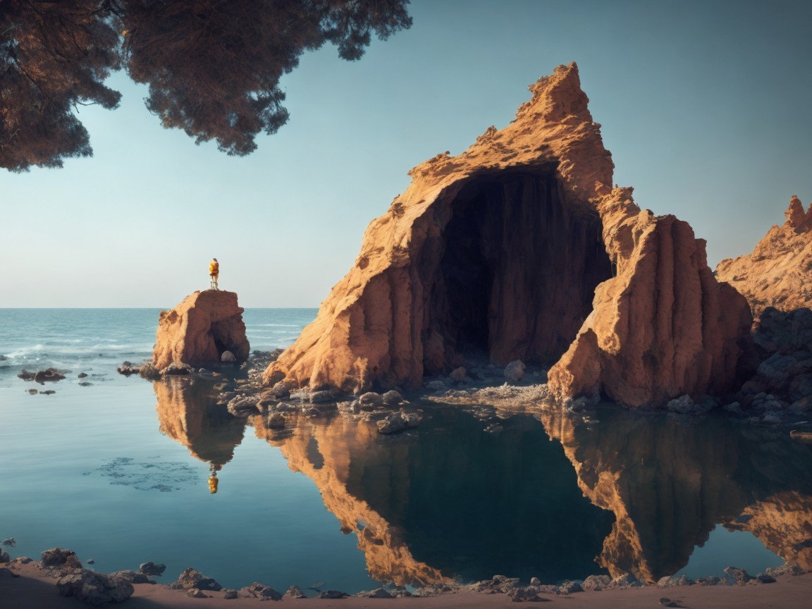 Serene Coastal Scene with Rock Formation and Cave