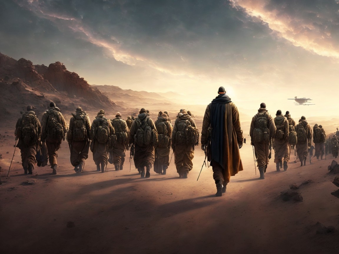 Soldiers Marching in Desert Terrain Under Dramatic Sky