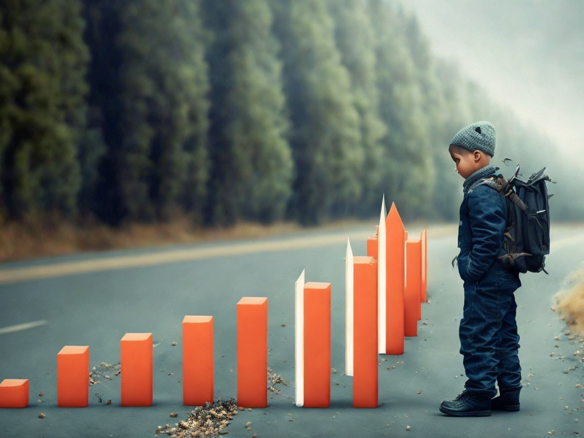 Young boy observes orange bar graphs in misty forest