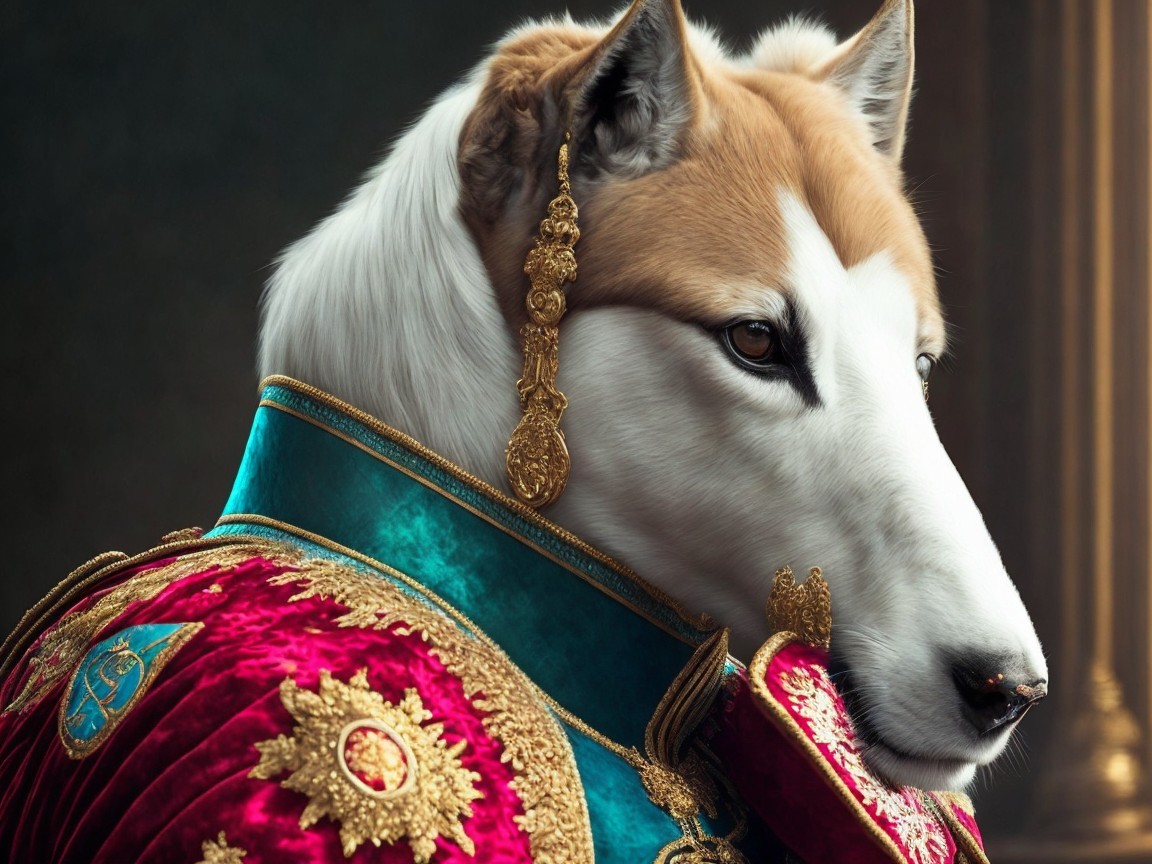 Regal Dog in Ornate Royal Outfit and Elegant Pose