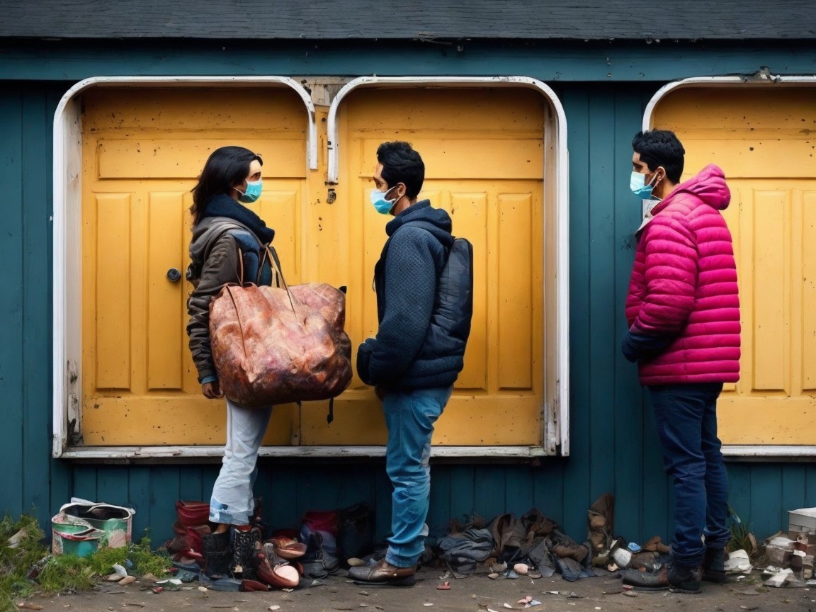 Three People in Front of Bright Yellow Doors with Masks
