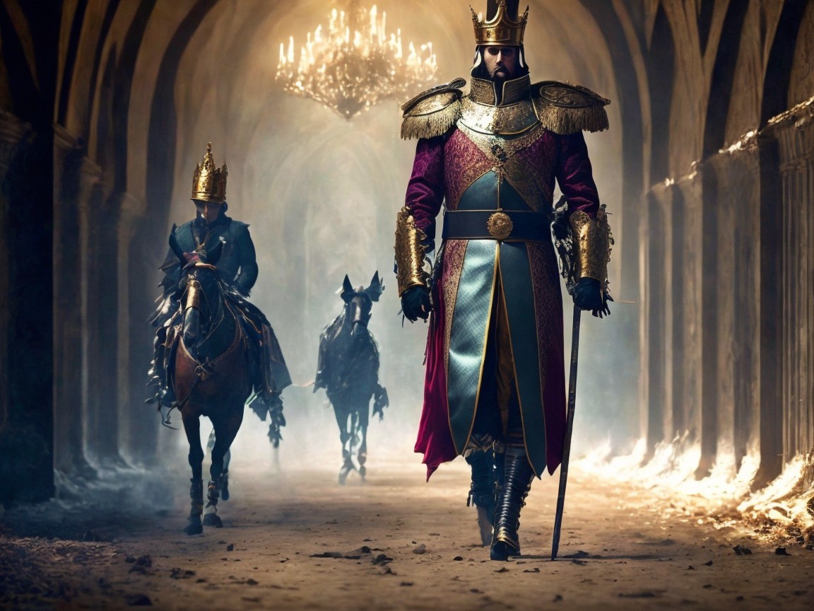 Regal Figures on Horses in a Dimly Lit Corridor