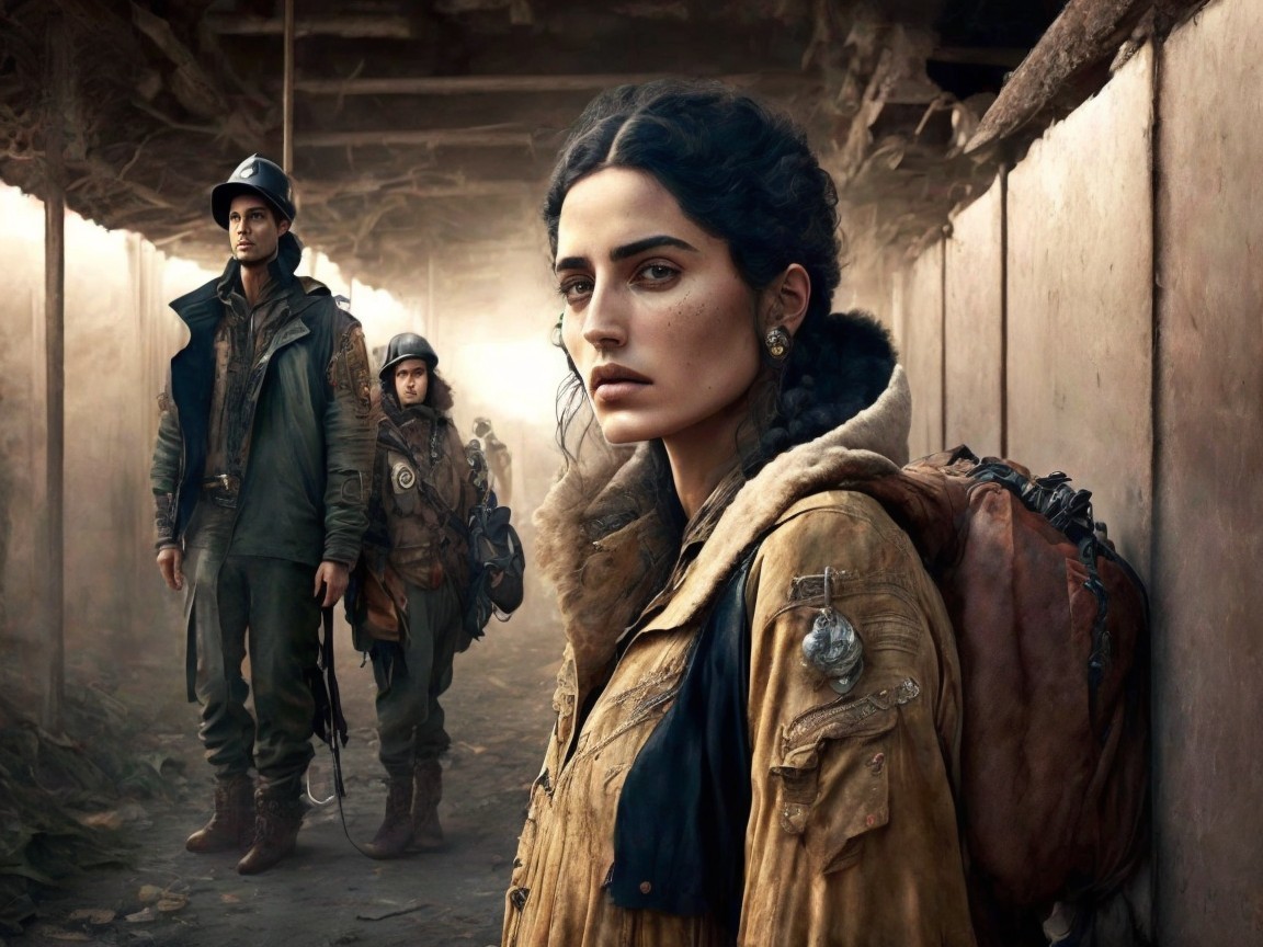 Underground Scene of a Woman and Soldiers in Tension