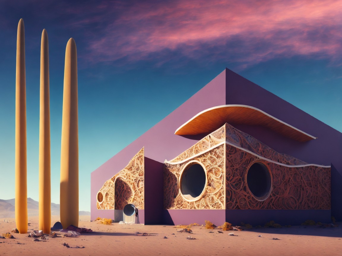 Vibrant Purple Architectural Structure in Desolate Landscape