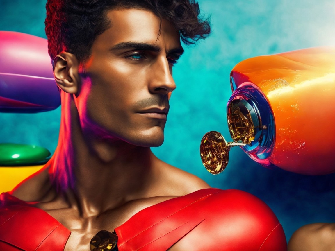 Muscular Man in Vibrant Superhero Costume with Props