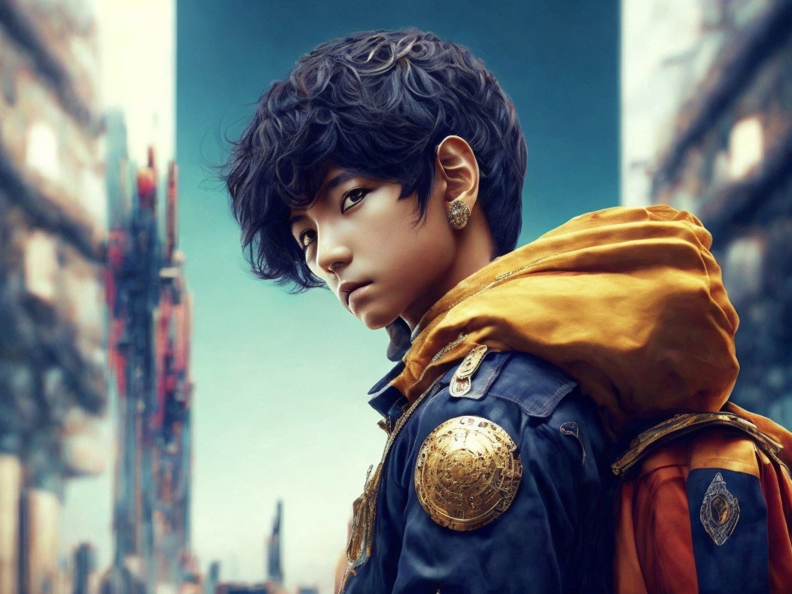 Young individual in urban fashion with futuristic backdrop