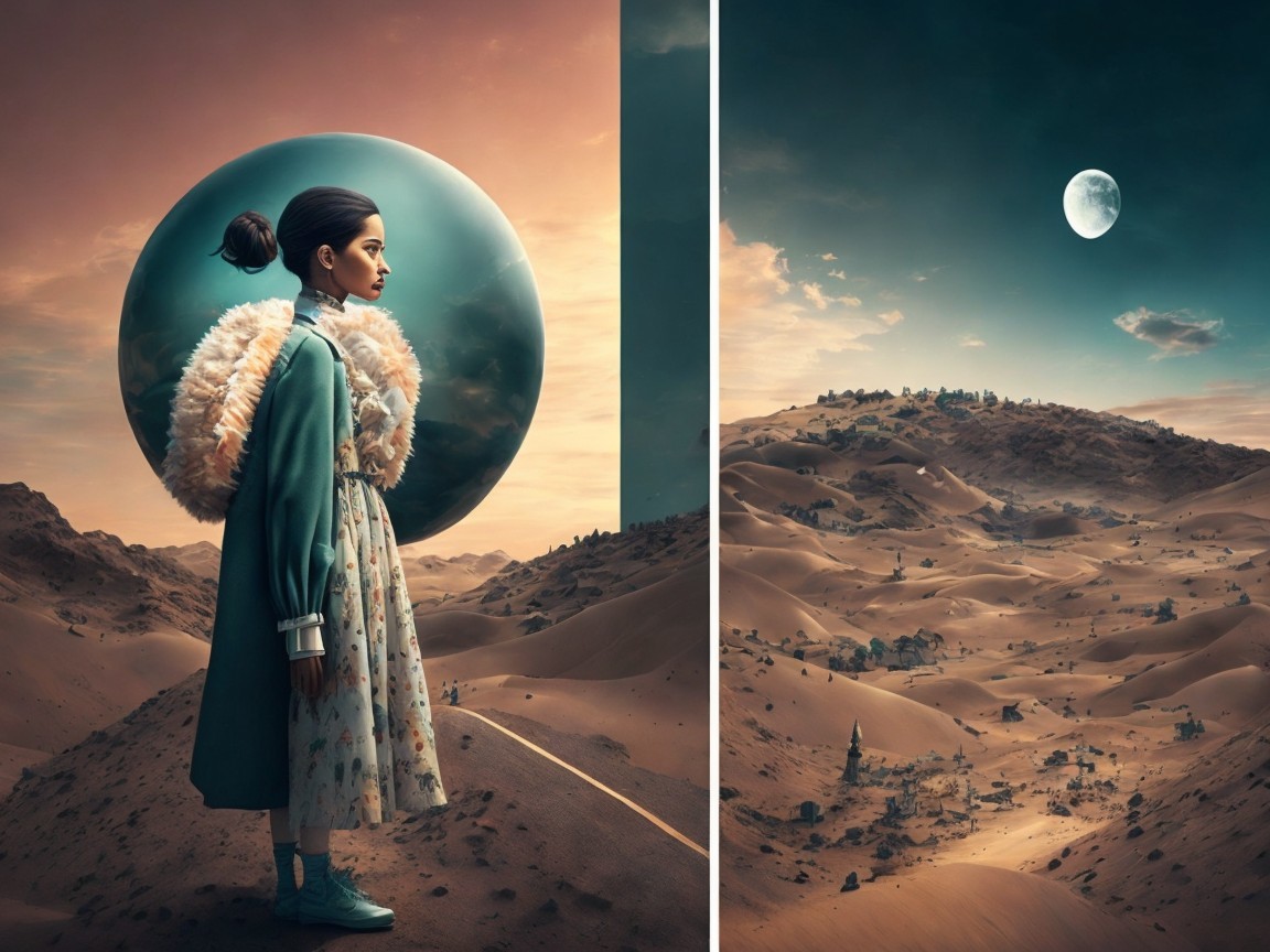 Young girl in whimsical outfit in surreal landscape