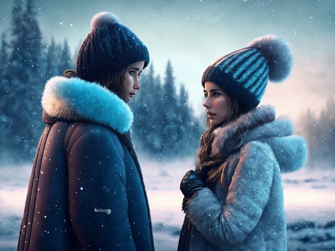 Winter Landscape with Two Women in Stylish Coats