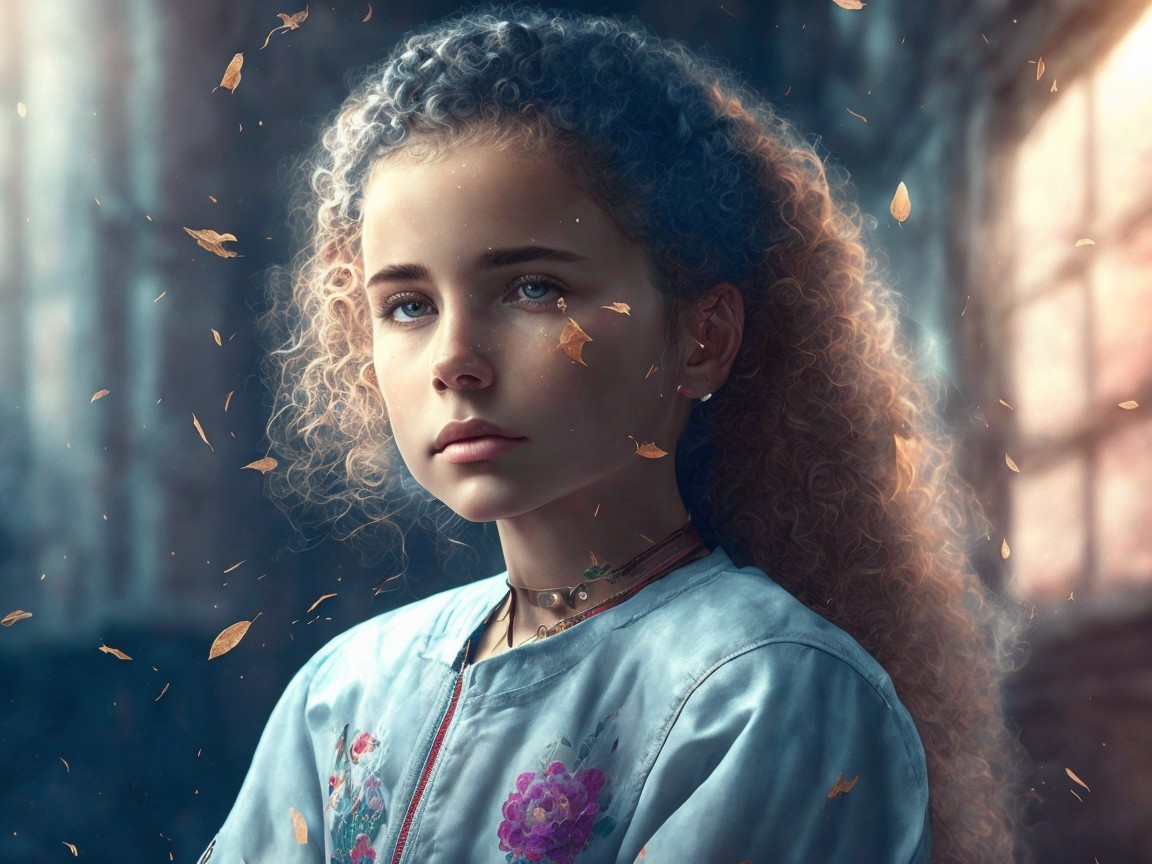 Young girl with curly hair in an autumn setting
