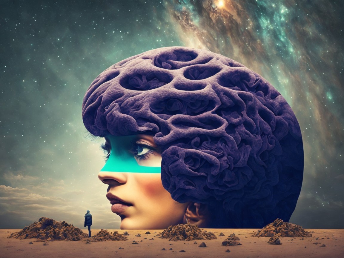 Surreal landscape with a large human head and cosmos