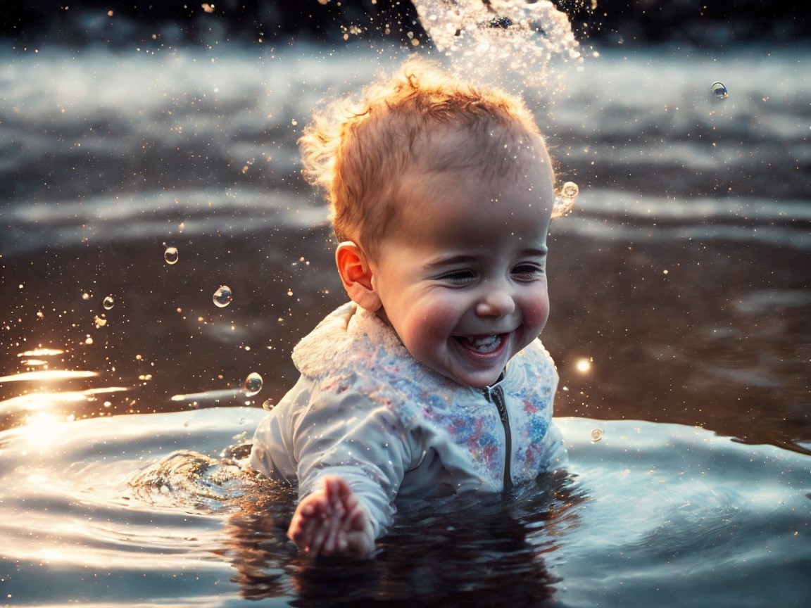 Joyful baby splashing in shallow water at sunset