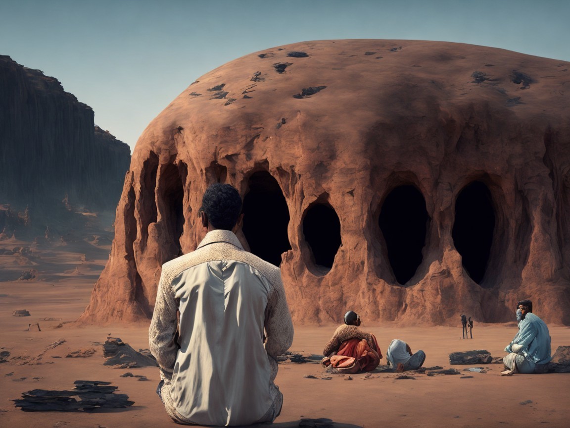 Gathering in a Desert with Ancient Rock Formation