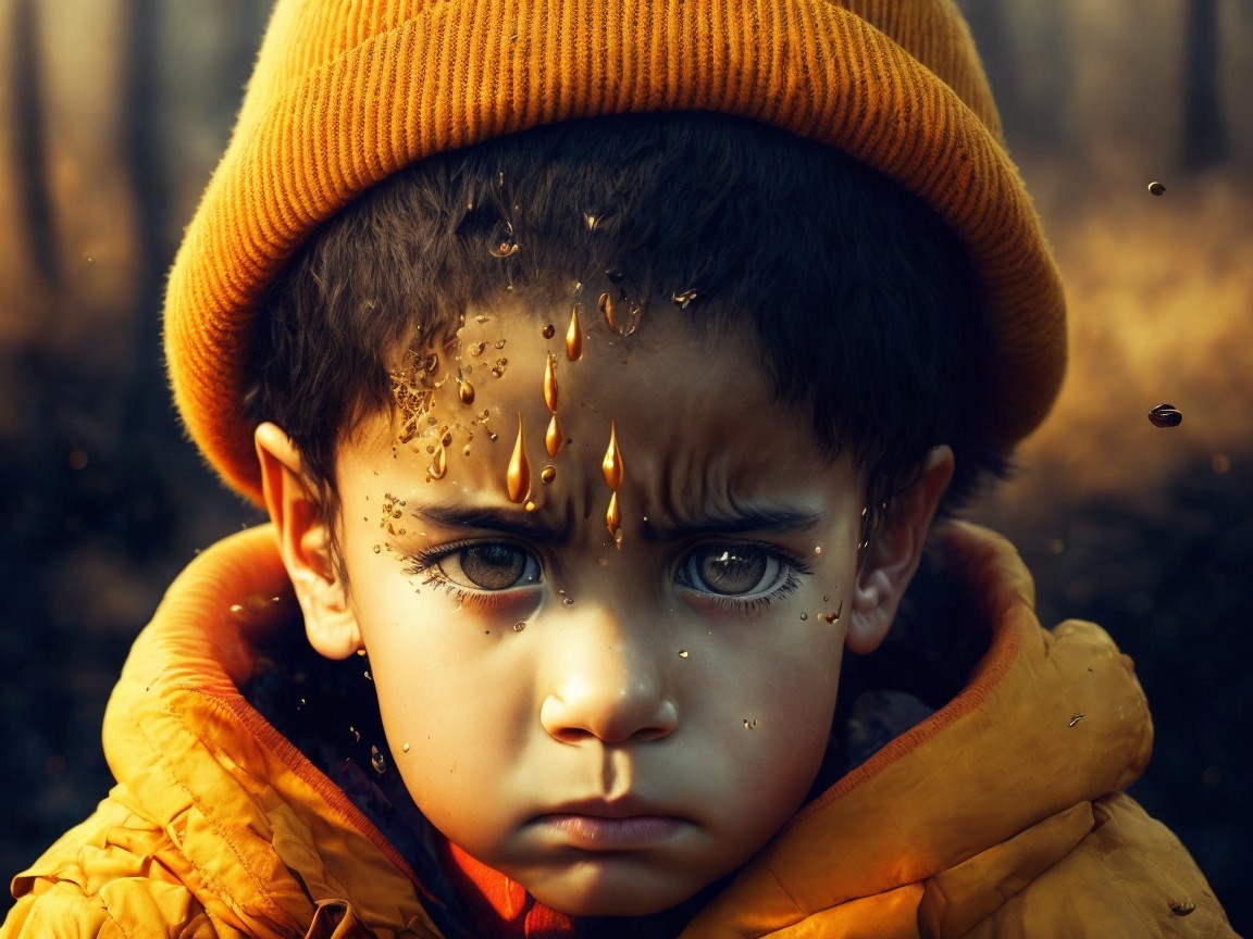 Young Boy in Orange Beanie with Serious Expression