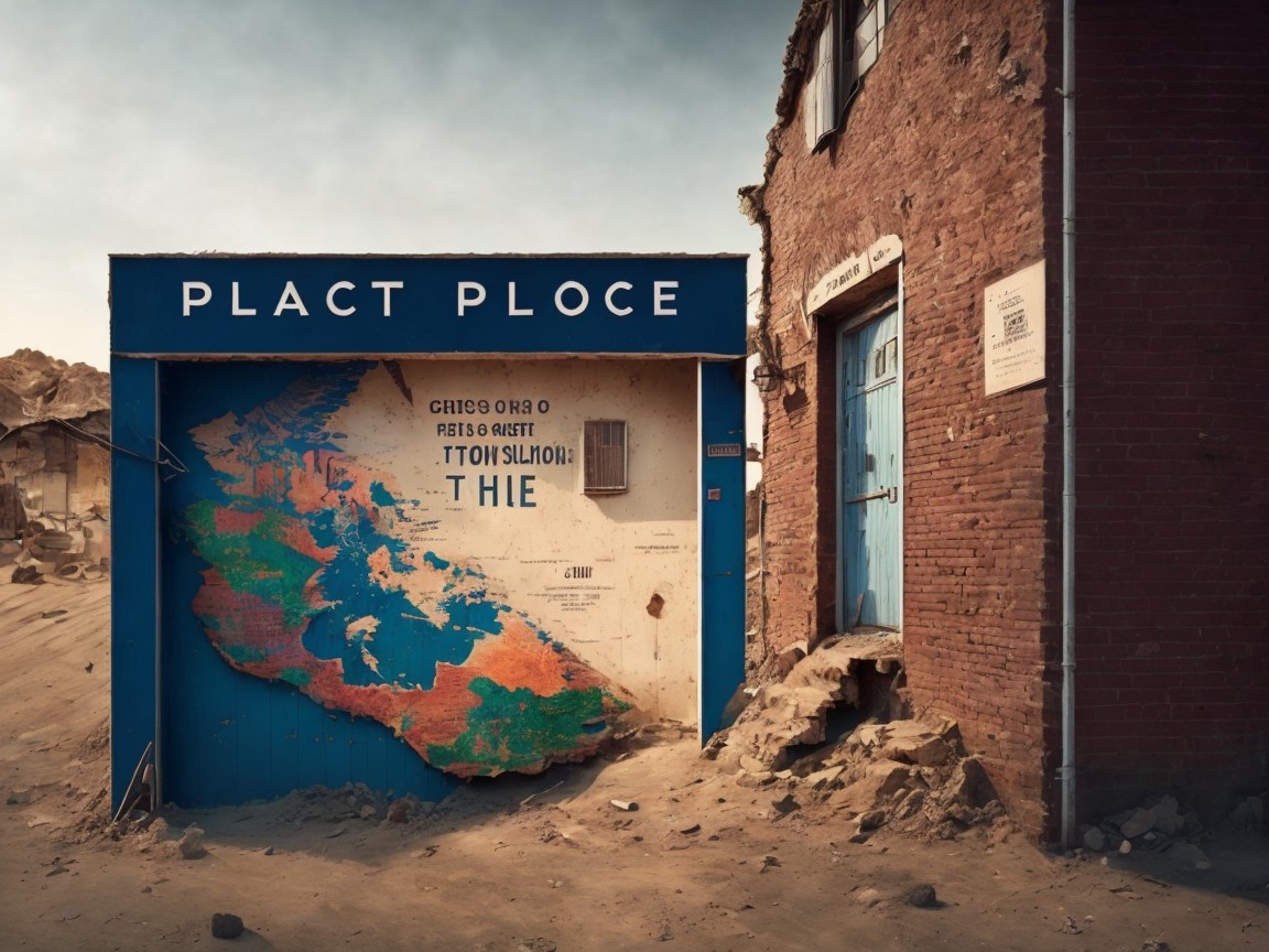 Distressed Blue Structure with "PLACT PLOCE" Displayed