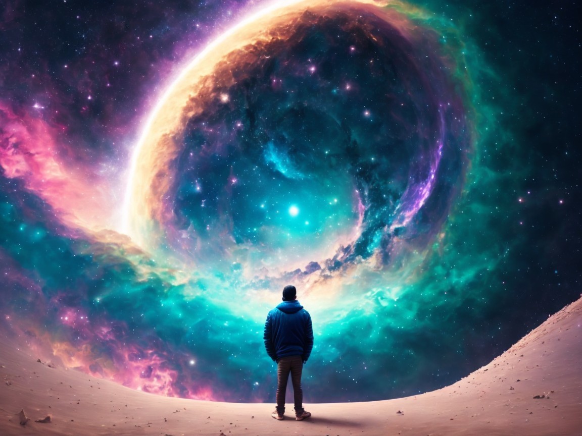 Lone Figure in a Colorful Cosmic Landscape
