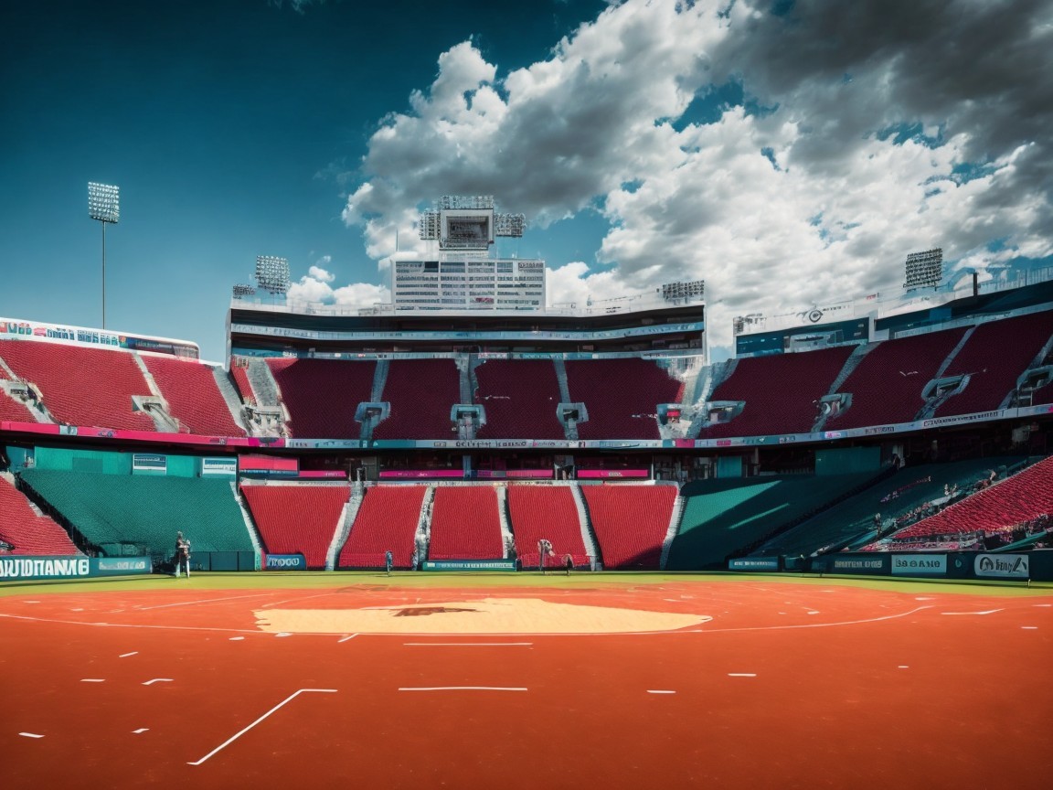 Spacious Stadium with Red Seats and Orange Field