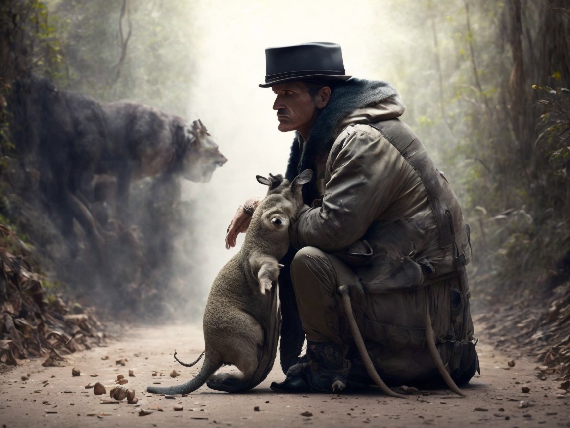 Rugged Man with Small Animal in Misty Forest Setting