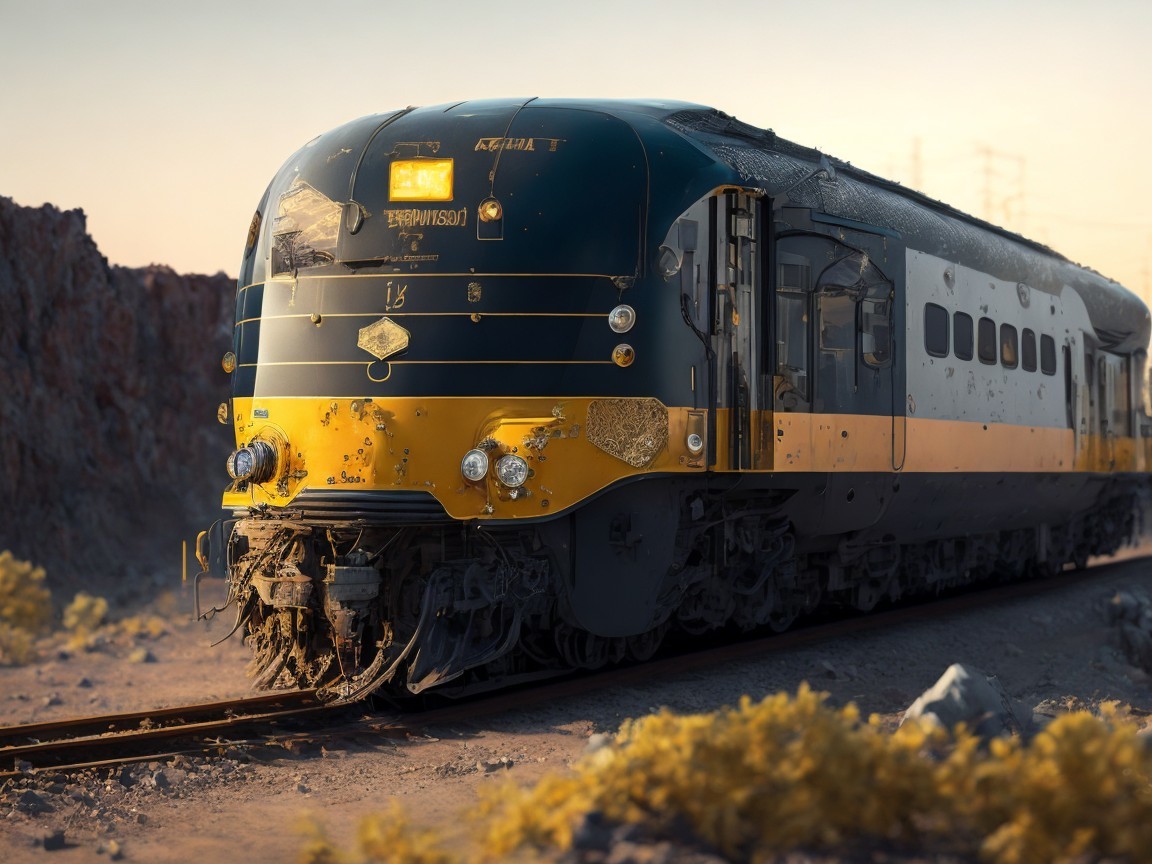 Vintage black and yellow train on dusty track in desert
