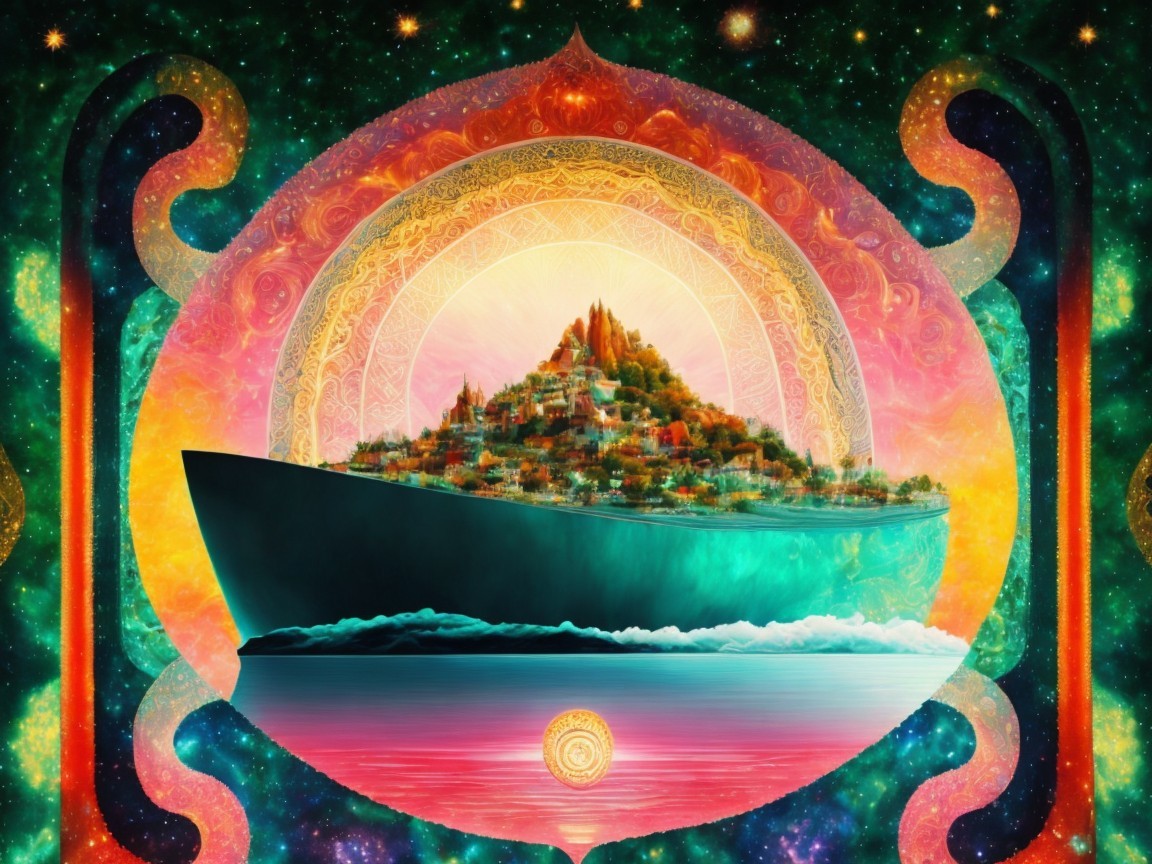 Surreal Ship with Lush Greenery on Tranquil Waters