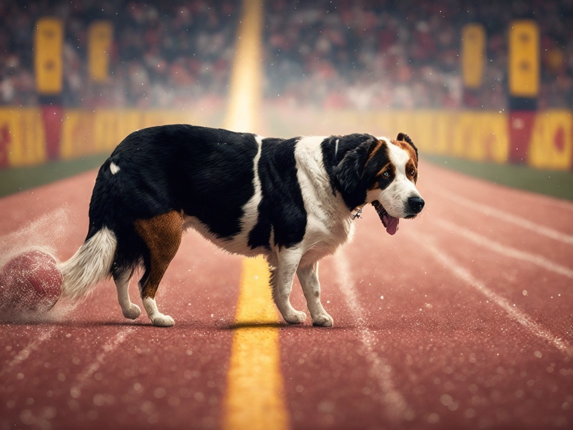 Playful Dog on Vibrant Red Track at Lively Event
